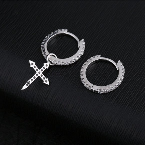 *925 Sterling Silver Diamond Cross Hoop Earrings - Picture 3 of 6